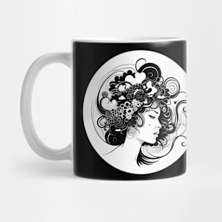 Ethereal Woman with Floral and Swirls Monochrome Illustration Mug